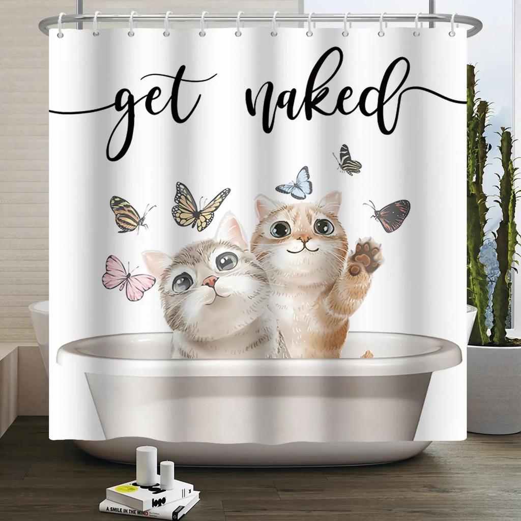 Funny Cat Shower Curtain Cartoon Cute Cats Dog Kids Shower Curtain for Bathroom Waterproof Polyester Home Decor Shower Curtains