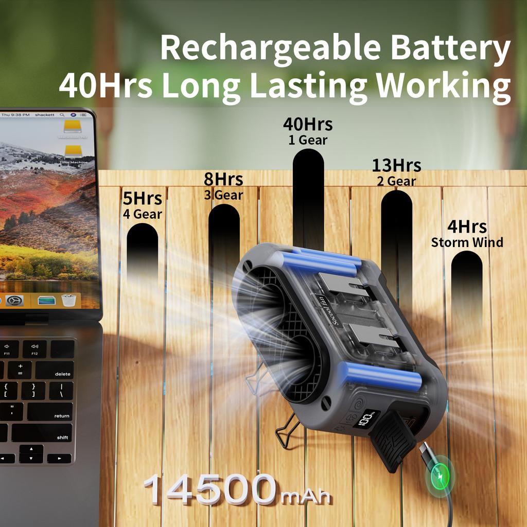 Socool 14500mAh Přenosný pasový ventilátor Dvojitý výstup vzduchu Turbo motory se čtyřmi klipy Nouzové světlo Power Banka pro venkovní použití