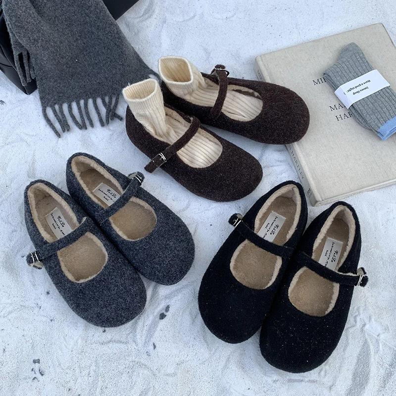 Módní Zimní Teplé Fleecové Dámské Boty Mary Jane Módní Mělké Roztomilé Baleríny Pohodlné Venkovní Boty s Měkkou Podrážkou