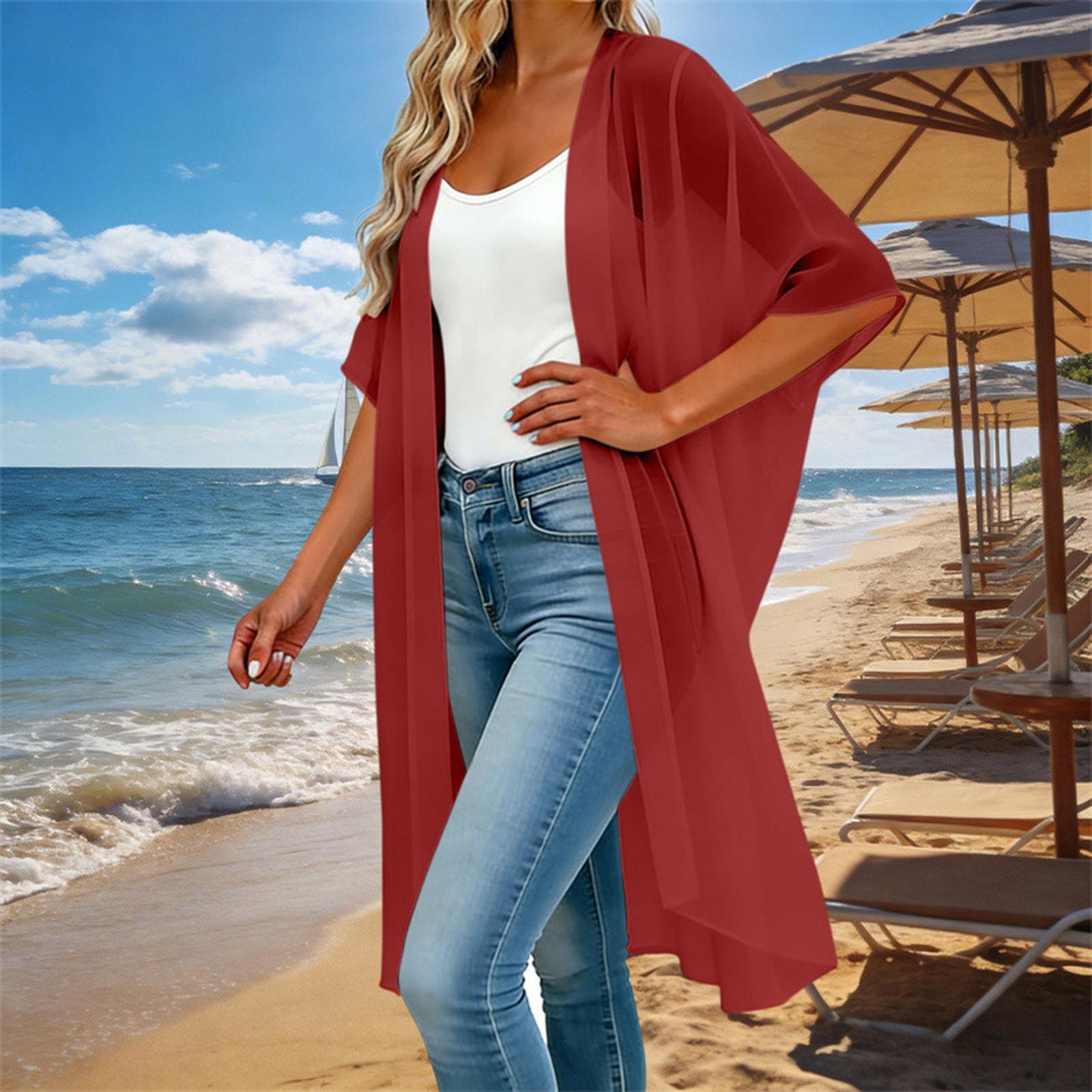 Viper Dameslosvallende Open Voorkant Korte Mouw Cardigan Lichte Chiffon Blouse Casual Laagjes Top voor Zomer Lente L rood