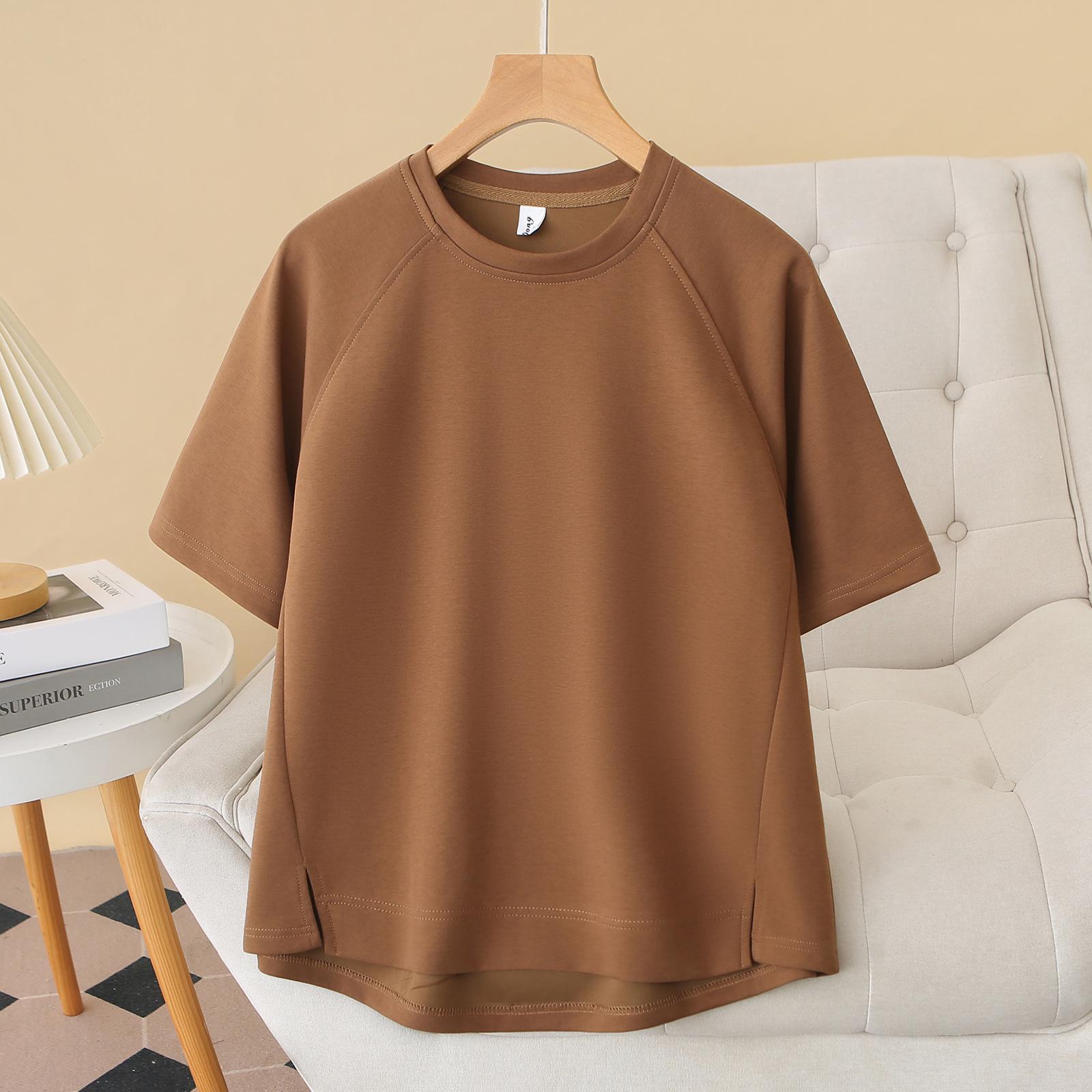 

Plus Size Women s Short Sleeve Slit Hem T-shirt - Chic, Versatile, Slimming Pullover for Curvy Figures 2XL кофейный