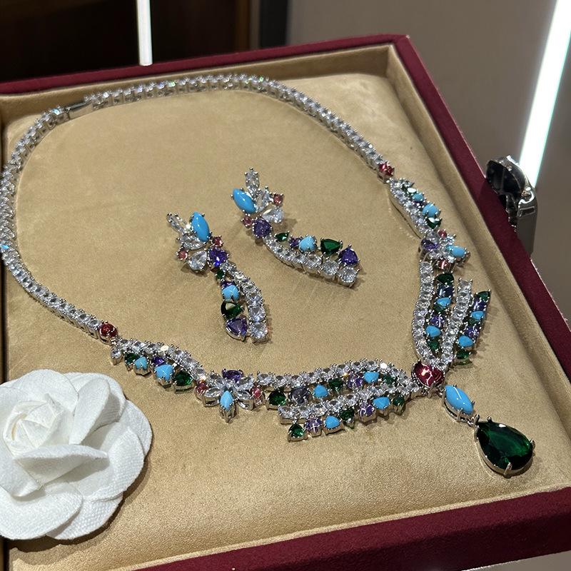 Luxury Zirconia Flower Earring & Necklace Set - Water Drop Design, High-End Fashion Accessories for Women