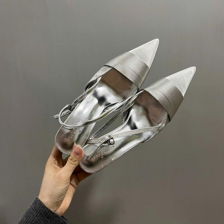 

Spring and Autumn Fashion Versatile Pointed Satin Sandals Women Baotou Back Empty Thin Heel High Heel Women 34 срібний