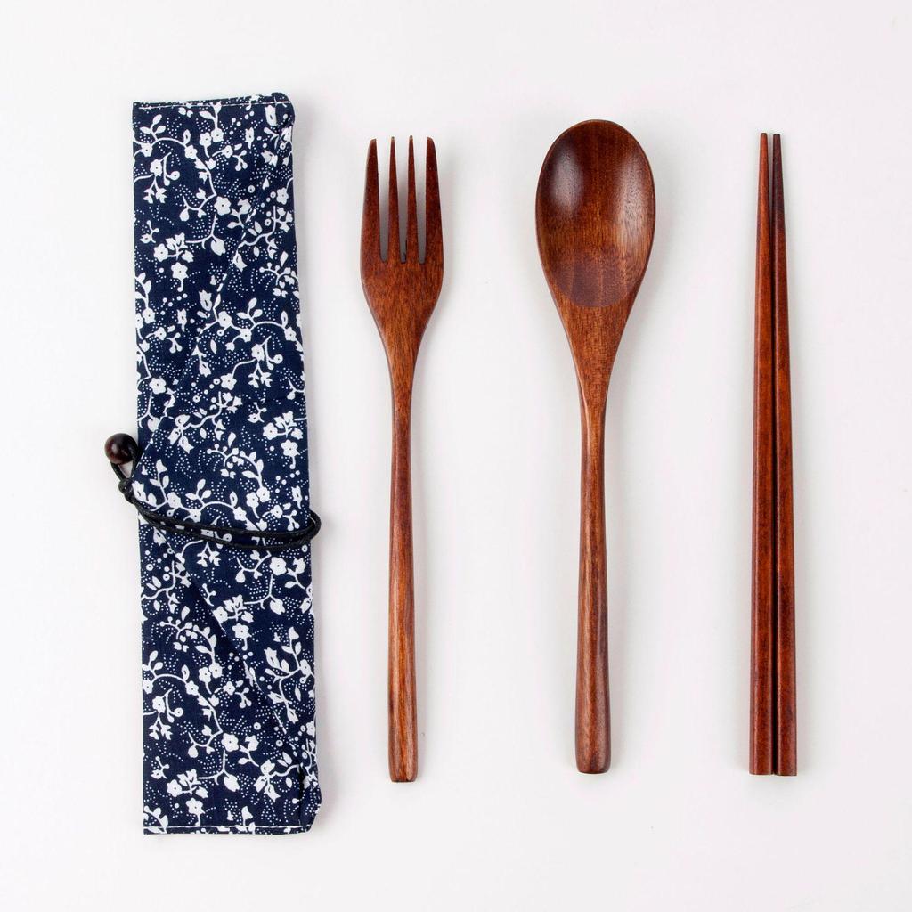 Japanese Wooden Portable Tableware Set: Long-Handled Spoon, Fork, and Chopsticks - Korean Style Three-Piece Set for Outdoor Use.