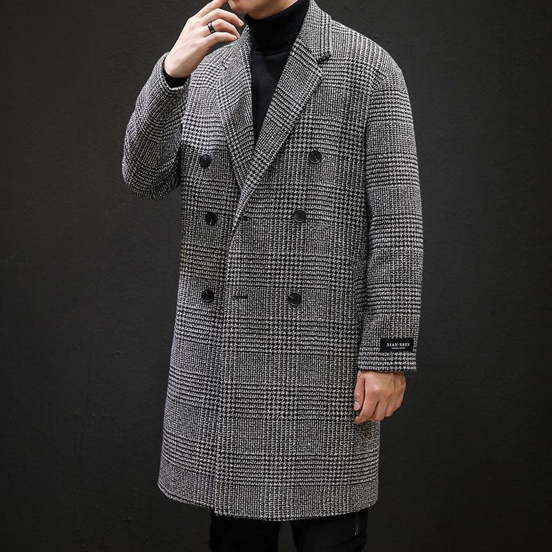 Herren mittellanger karierter Woll-Trenchcoat - Trendige lässige Jacke im Hongkong-Stil für Herbst und Winter