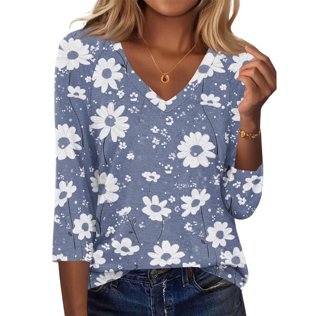 Women's Fashion Casual Three-quarter Sleeve Raglan Sleeve Vintage Floral Print V-Neck Top