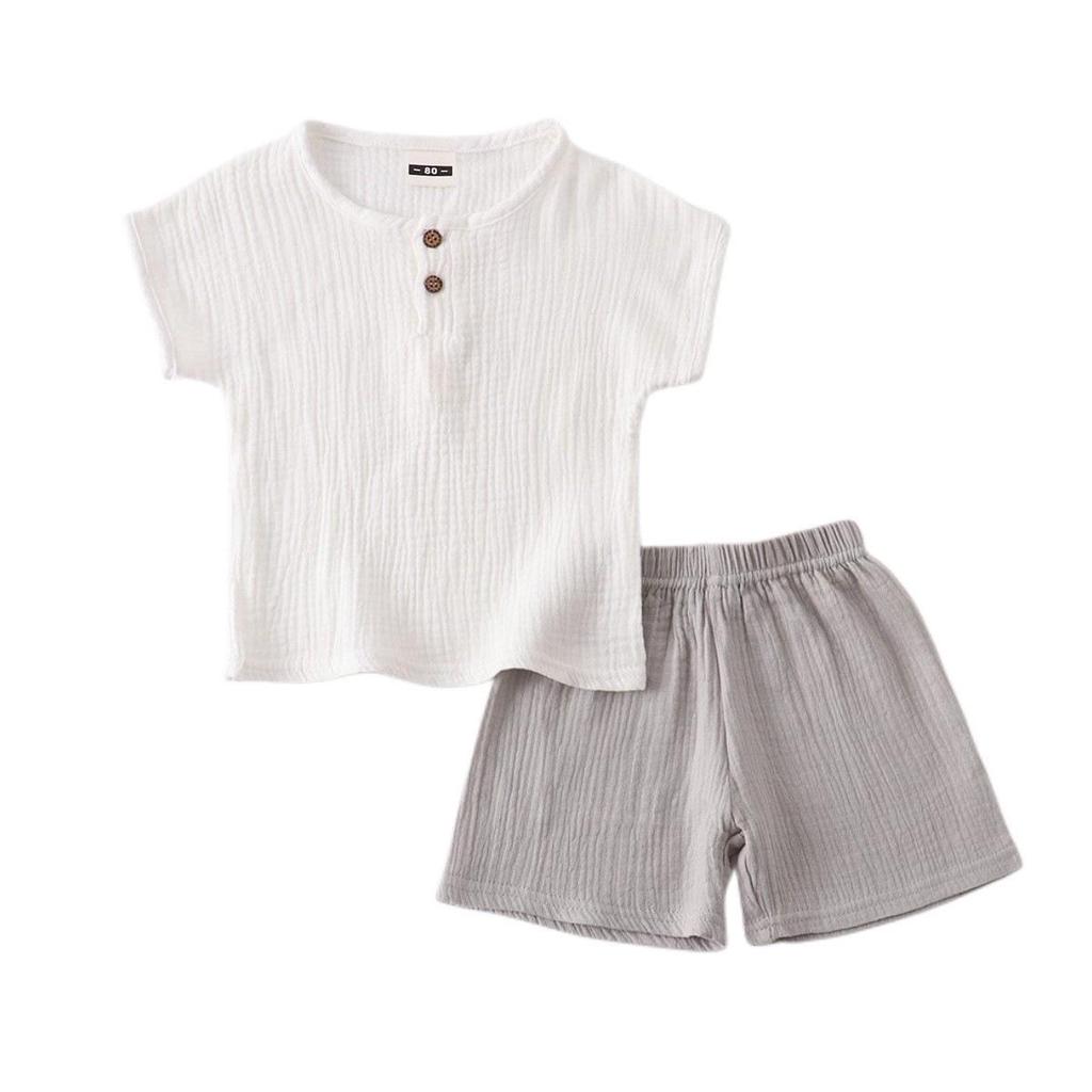 Kids' Cotton-Linen Summer Set: Short Sleeve Top & Shorts - Unisex Baby and Toddler Two-Piece Solid Color
