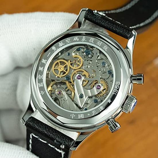 GIV 1963 Mechanical Analog Chronograph Watch for Men, 1963 ST1901 Manual-Wound Movement, 38mm Gooseneck, 1963 Panda Dial, See-Through Back,