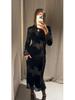 2026 Elegant Black Long Sleeve Lace Patchwork Dress with Retro Slim Fit and Back Slit