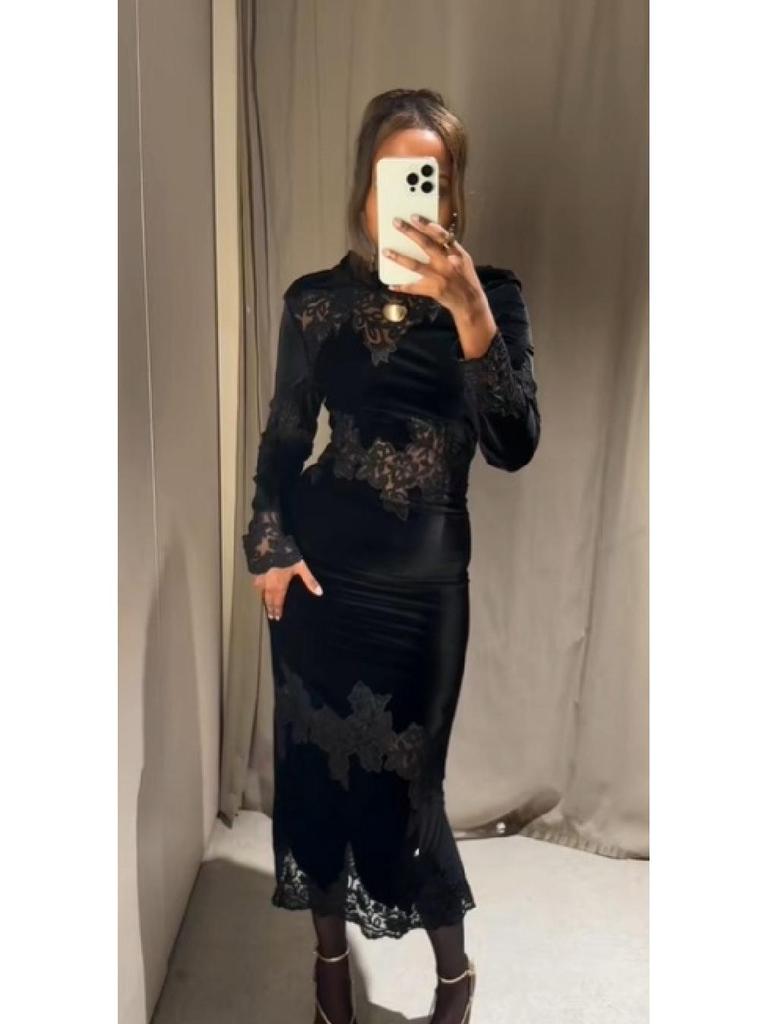 2026 Elegant Black Long Sleeve Lace Patchwork Dress with Retro Slim Fit and Back Slit