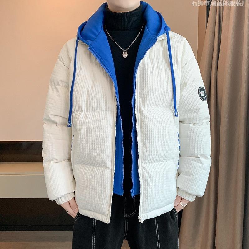 BRICS grid jacquard cotton-padded coat men's winter fake two-piece feather jacquard cotton-padded jacket thickened trendy couple winter clothing