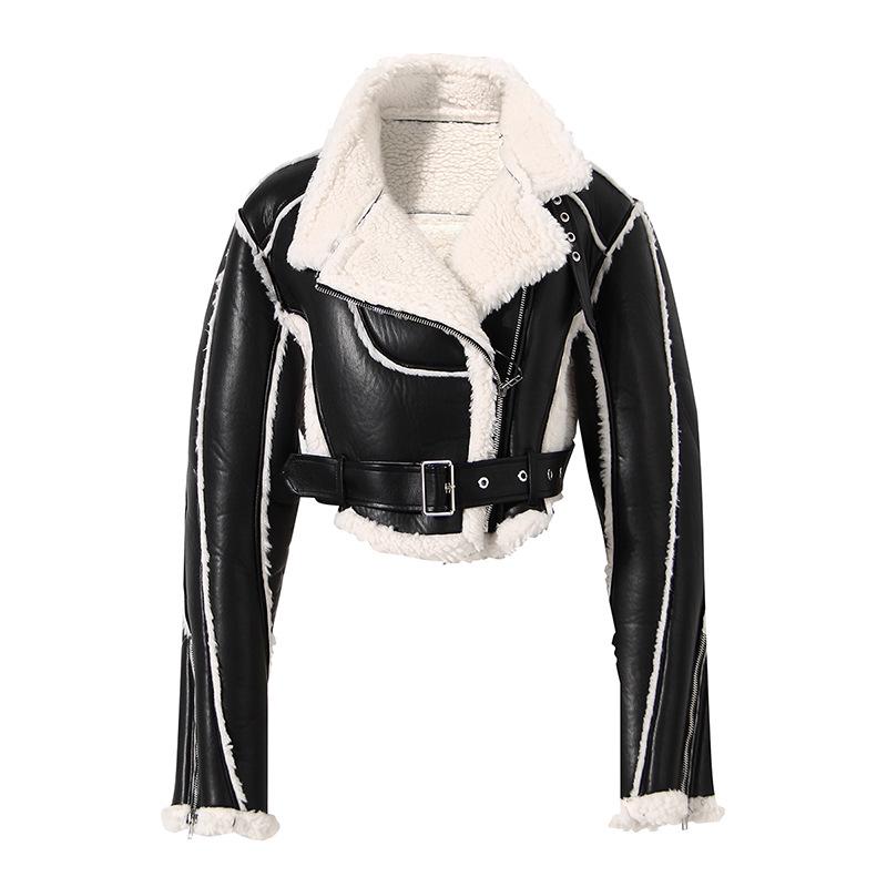 2023 Women's Motorcycle Style Leather Jacket - Short, Fur-Integrated, Cotton Outerwear