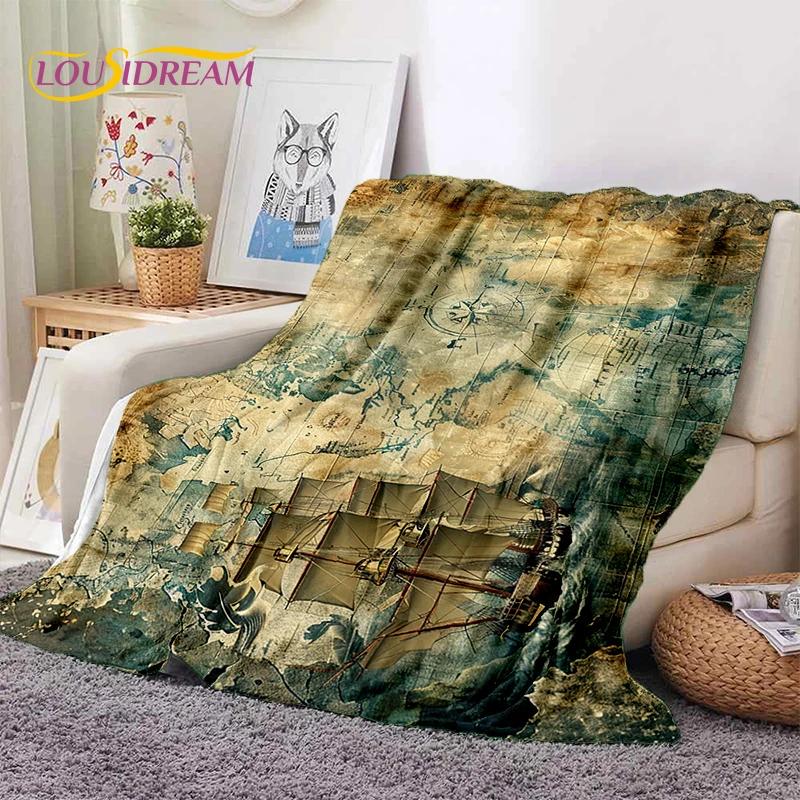 Retro Antike Seekarte Kraft Weltkarte Kompass Weiche Decke, Weiche Überwurfdecke für Zuhause Schlafzimmer Bett Sofa Abdeckung Kind