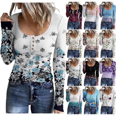 Damen T-Shirt Mode Lässig Bedruckt U Kragen Knopf Langarm Top