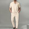Men's Slim Fit Two-Piece Sportswear Set: Waffle Collar Short Sleeve Top + Long Pants