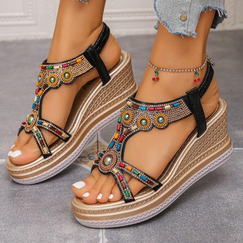 Women's Bohemian Beaded Elastic Strap Sandals, Rhinestone Platform Wedge Summer Shoes, Plus Size Fashion Footwear