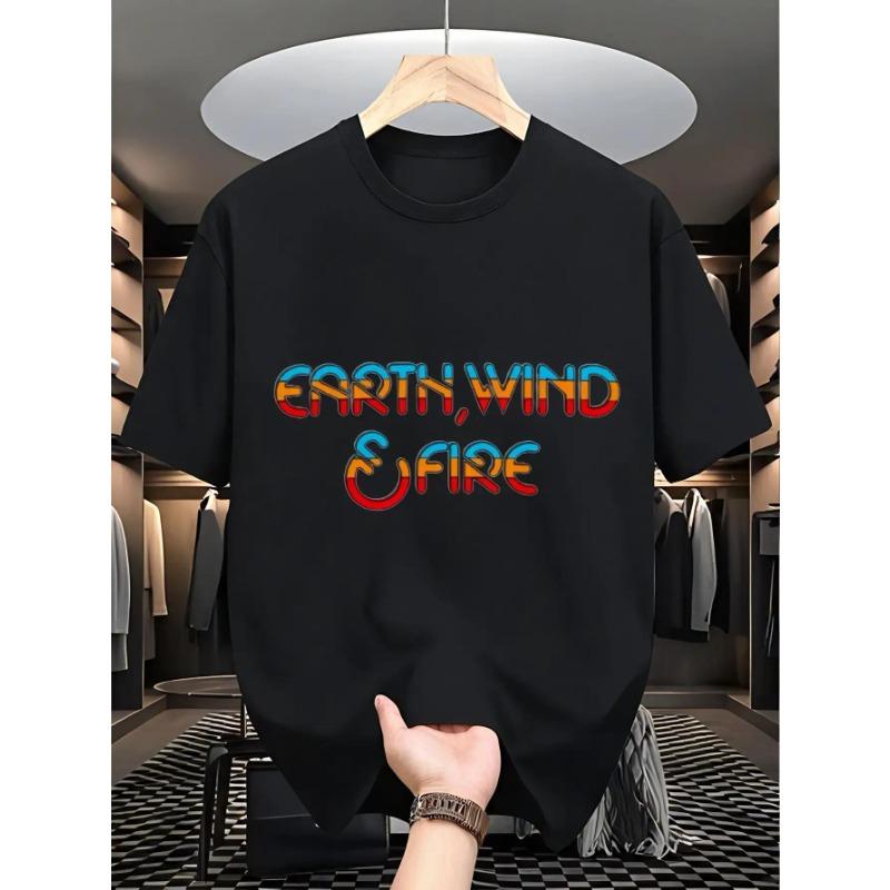 

European Size Men s Plus Size Earth Wind Fire Retro Pattern T-Shirt - Black 70s/80s Music Band Design, Breathable Short Sleeve Casual Shirt 4XL чорний