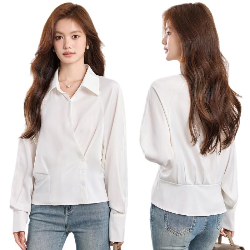 Women's Chic French White Long-Sleeve Shirt, Irregular Waist-Cinching Design, Stylish, Petite Fit, Perfect for Spring/Autumn