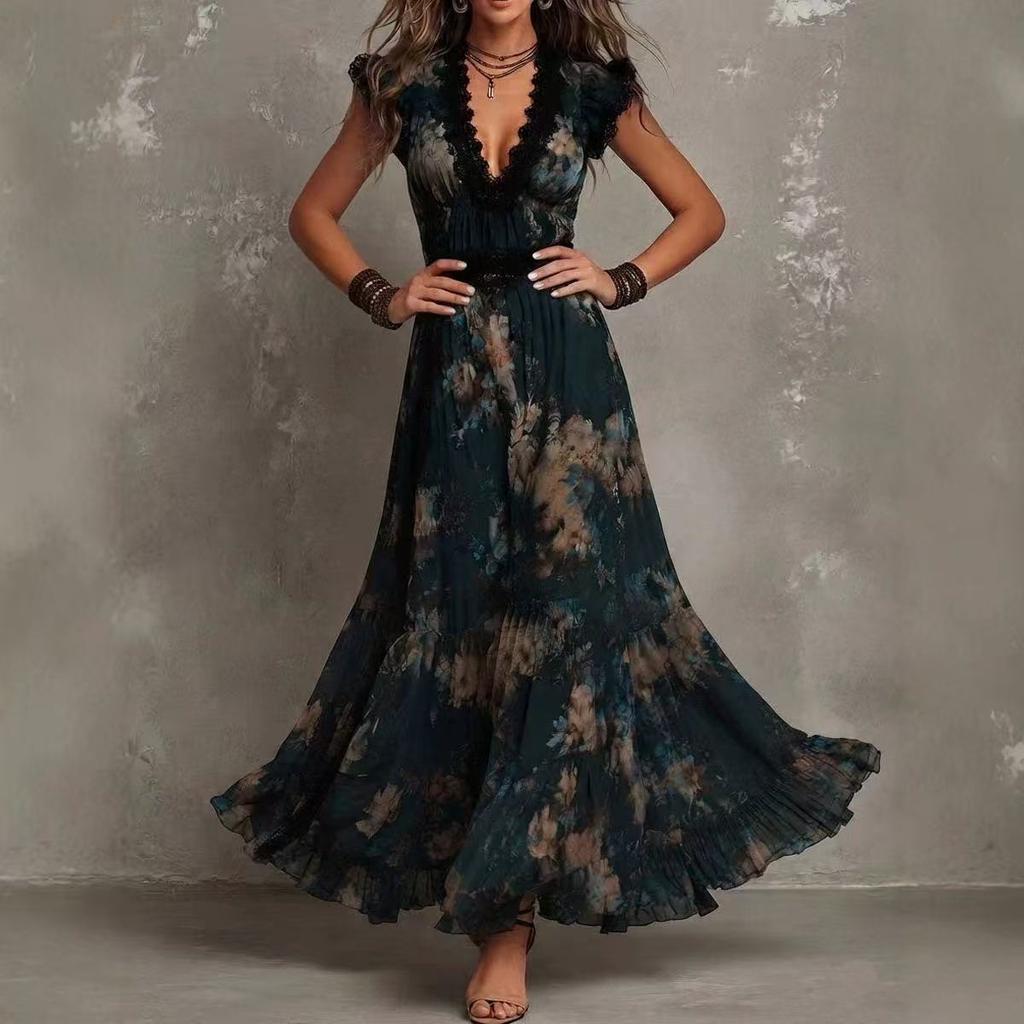 2026 European and American sleeveless digital printing V-neck elegant irregular long dress three-dimensional flower dress