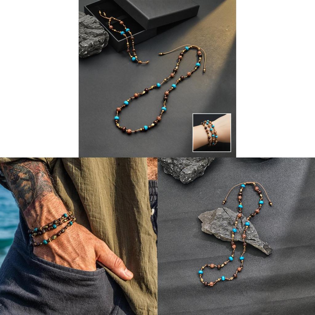 Handcrafted Wooden Beaded Mens Bracelet Necklace Vintage Style For Gift Giving