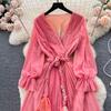 Fashion Bohe Women Mesh Party Long Dress V Neck Long Sleeves Gradient Lace Up A Line Sundress Pleated Maxi Dress