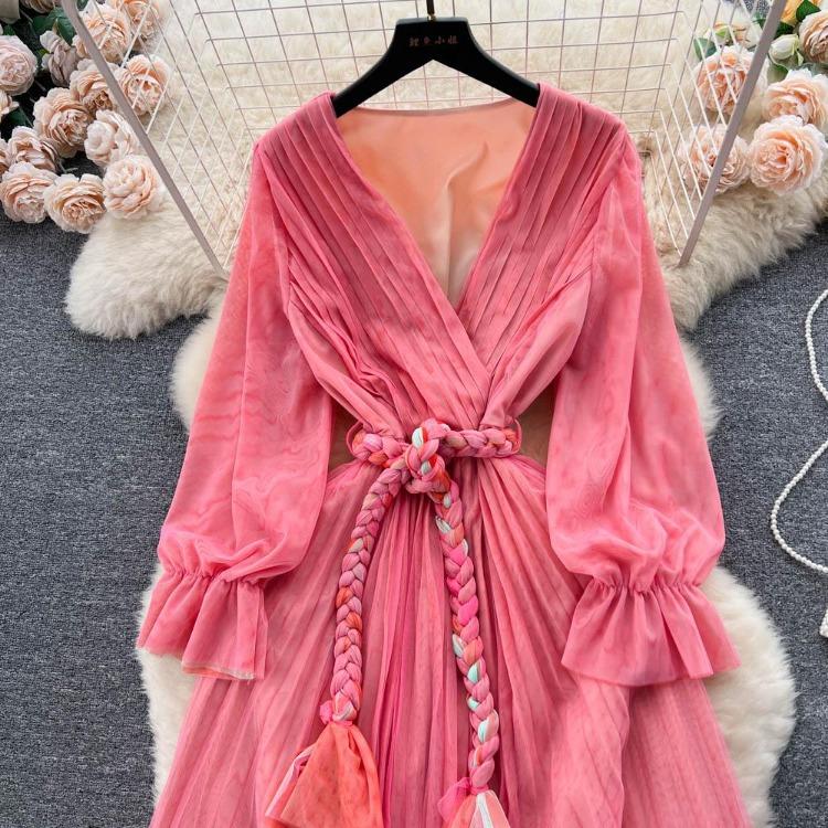 Fashion Bohe Women Mesh Party Long Dress V Neck Long Sleeves Gradient Lace Up A Line Sundress Pleated Maxi Dress