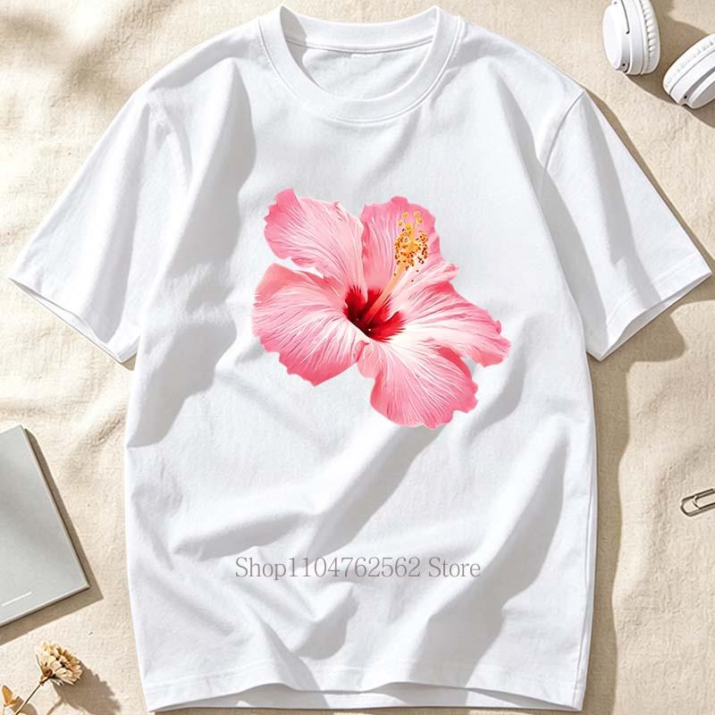 Pink Hibiscus Flower Pattern Print T-shirts for Women Summer Casual Fashion Funny Streetwear Tops Crew Neck Short Sleeve Tees