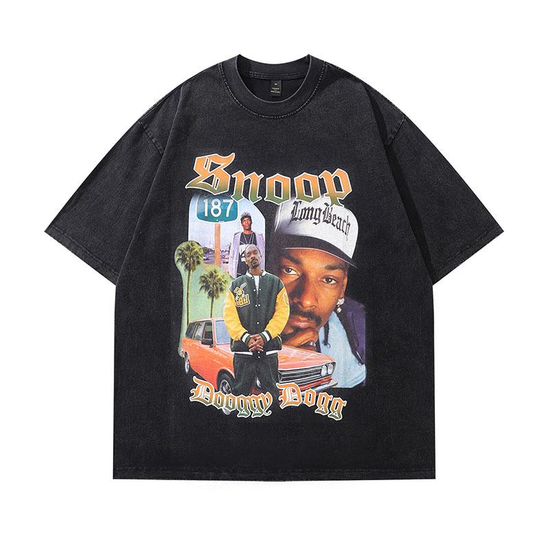 American Retro Trendy Brand Hip-Hop Portrait Print Washed Old Short-Sleeved T-Shirt Men'S And Women'S Vintage Half-Sleeved Top