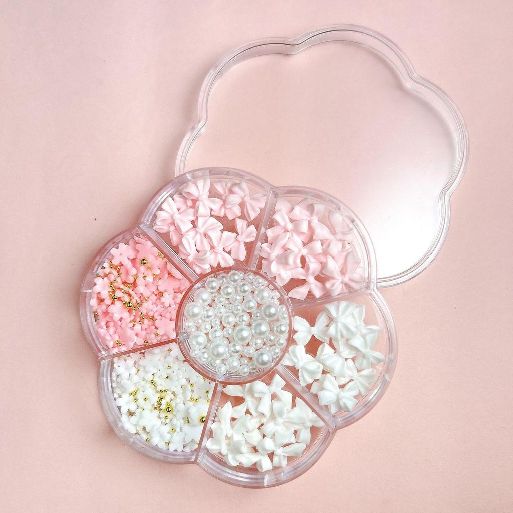 Pearl & Flower Nail Art Kit: 7-Grid Five-Petal Flowers & Mixed Sizes for DIY