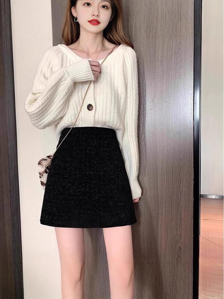 Women's Woolen Sequined High-Waisted A-Line Bodycon Skirt - Winter 2025 Petite French Style