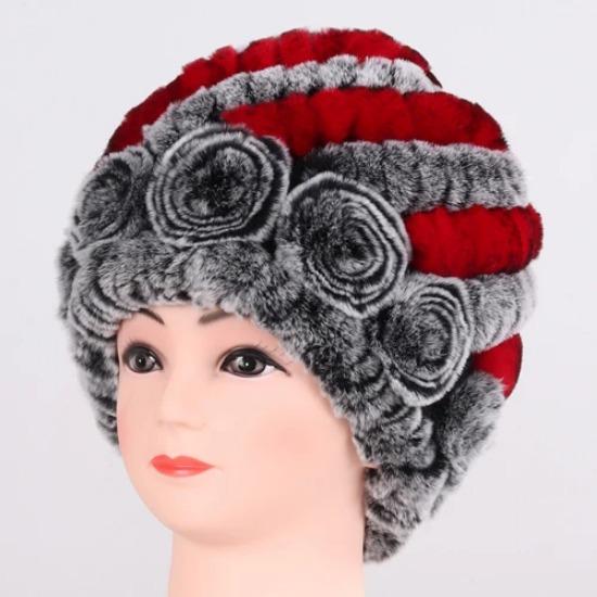 Hot Sale Winter Women Flower Striped Natural Real Fur Hats Lady Warm Knit Genuine Rex Rabbit Fur Caps Outdoor Fur Beanies Hats