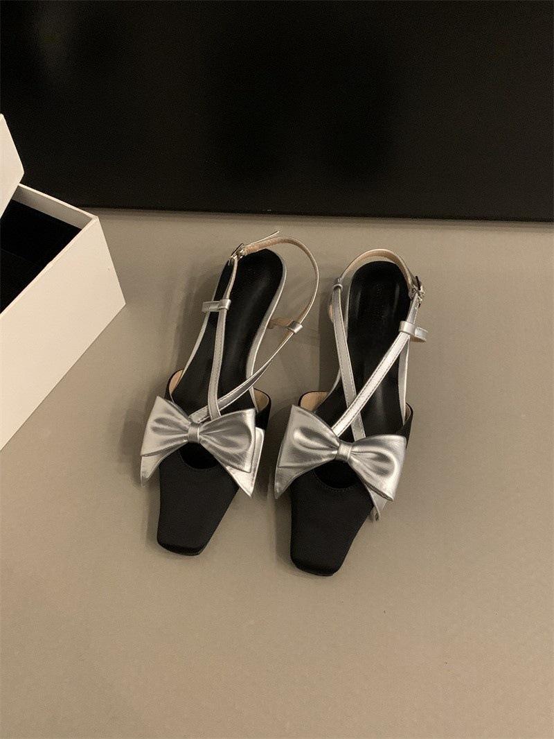 

Туфли-босоножки на толстом каблуке в французском стиле с маленьким ароматом, с бантом, вечерние туфли, одинарные туфли, новинка весны и лета 2025 года 39 чёрный