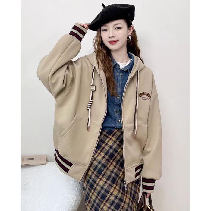 

Women s European Style Fleece-Lined Hooded Sweatshirt Jacket - Plus Size, Slimming, Short Baseball Cardigan for Autumn/Winter M