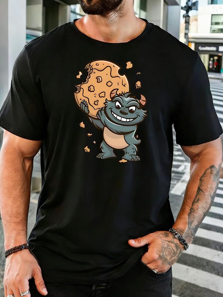 Olive Unisexs Tee Monster Holding Cookie Print Crew Neck Cotton Short Sleeve Funny Male Street Summer Soft Daily Casual Wear