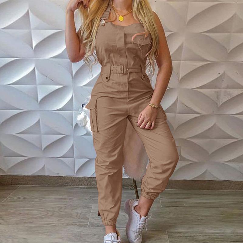 Autumn Women's Clothing Bodysuit Jumpsuit Simple Zipper Cargo High Waisted Conjoined Body Pants Sleeveless Strap Trousers