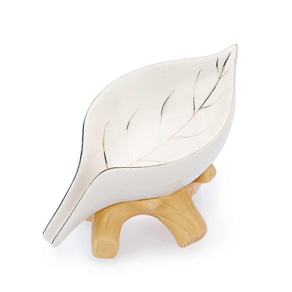 Ceramic Soap Dish Leaf Shaped Soap Dish Accessory for Bathroom, Shower, Kitchen, Wedding Gift (White+Gold)