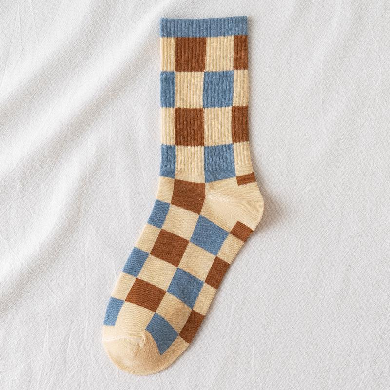 Trendy Coffee Blue Plaid Cotton Mid-Calf Socks, Versatile for Spring/Summer, Korean College Style, Breathable & Sweat-Wicking for Women.