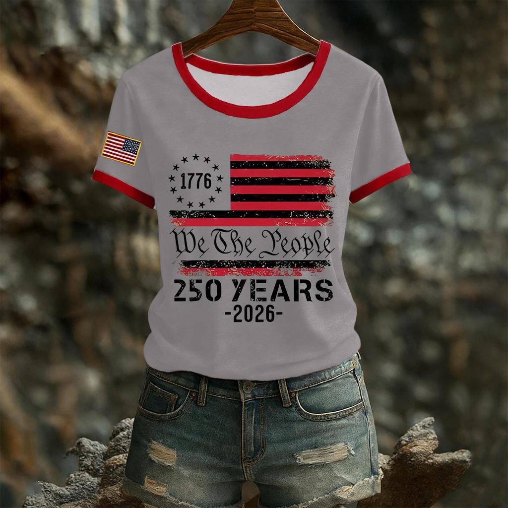 Damski casualowy top T-shirt z krótkim rękawem i okrągłym dekoltem z nadrukiem