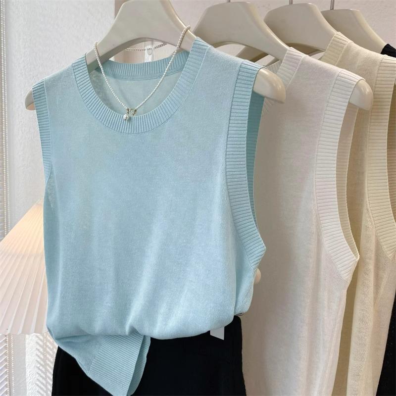 Women s Loose Gray Tencel Linen Knit Vest - Round Neck Sleeveless Base Layer for Spring/Autumn Suits Medium светло-синий