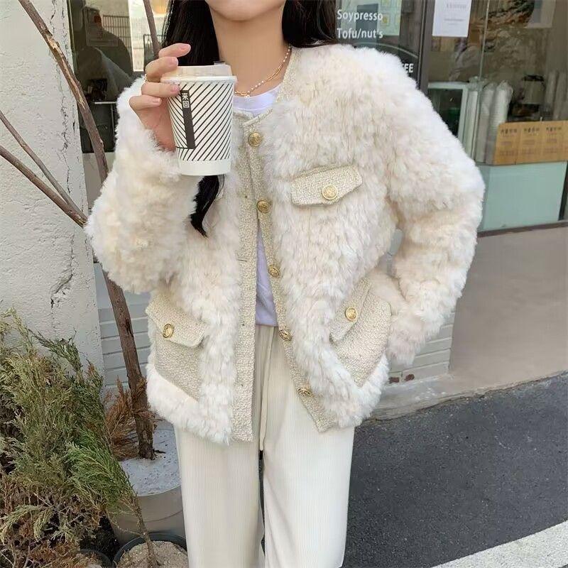 FASHION Thickened small fragrant style lamb wool foreign style winter versatile outer wear plush loose top ins trendy Clothes