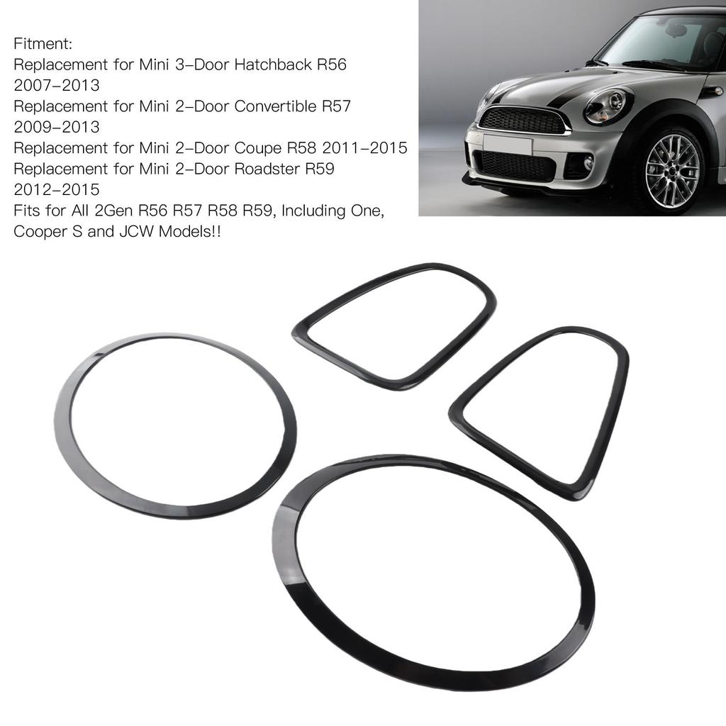 4pcs Gloss Black Car Headlight Taillight Surround Cover Trims ABS Replacement for Mini R56 R57 Cooper S JCW 2007-2015
