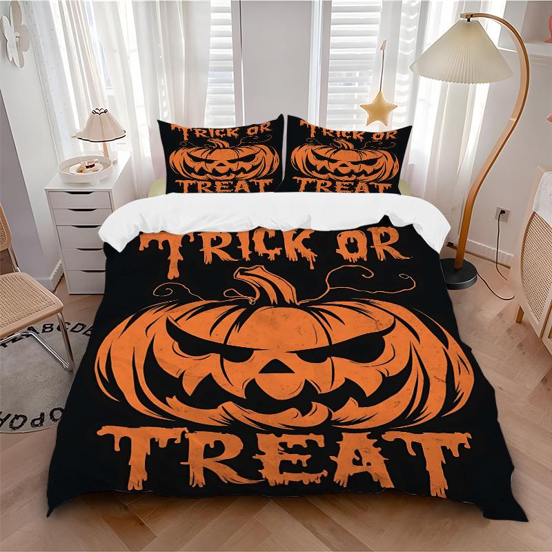 3pcs Halloween Trick or Treat Quilt Set Cartoon Themed Bed Quilt Set Lovely Character Bedroom Decor Bed Quilt Set Four Seasons (1 Cover + 2Pillow
