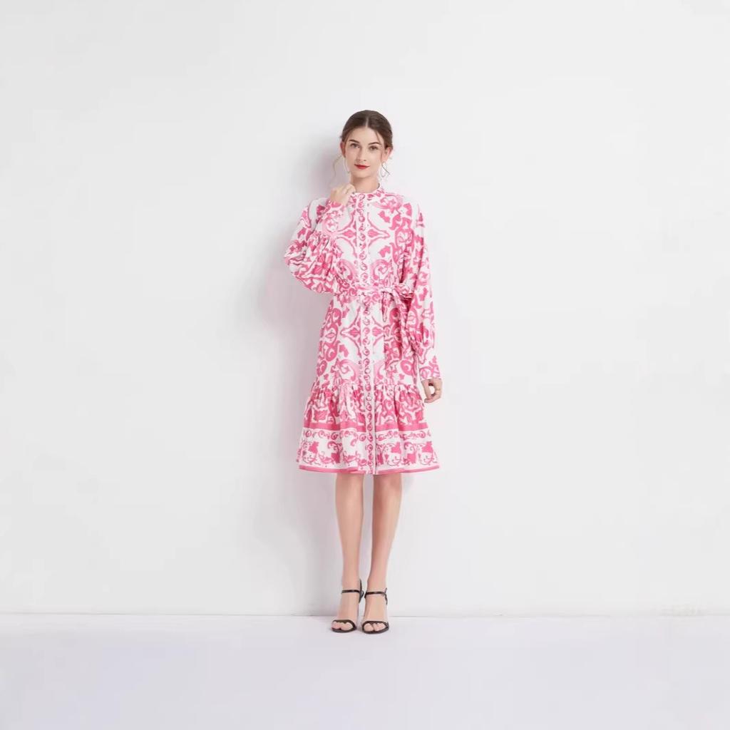 New Simian style geometric printing single-breasted small stand-up collar printing long dress