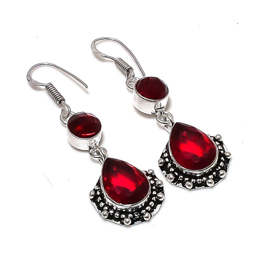 Natural Garnet Gemstone Handmade 925 Sterling Silver Jewelry Earring 2.17" AE-12969