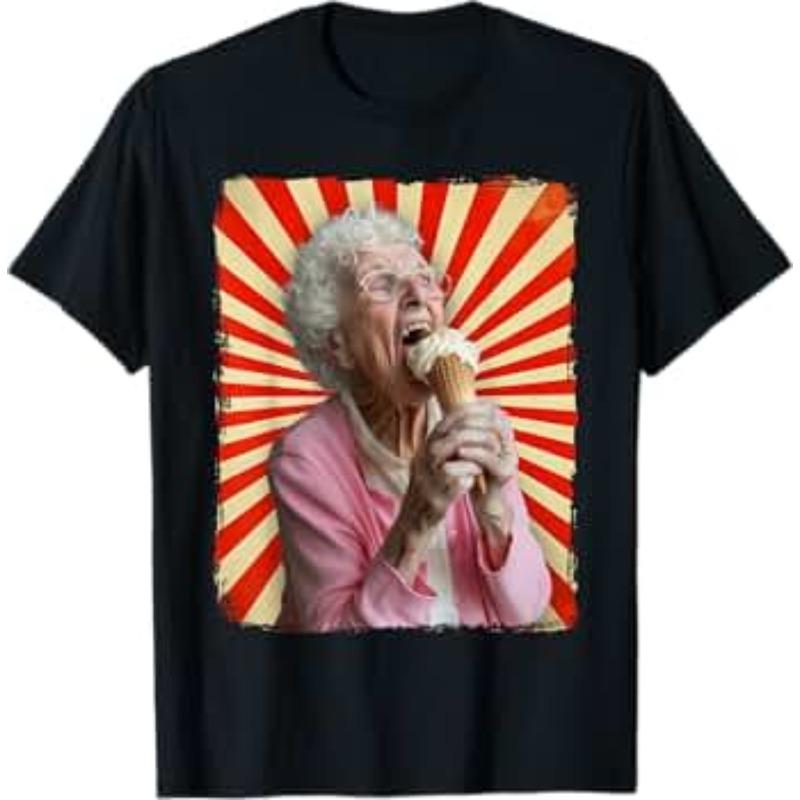 Unisexs Fun Grandma Licking Ice Cream Embarrassing Old Ladies T Shirt Cotton Tee Unisex Oversized Loose Spring Summer Streetwear