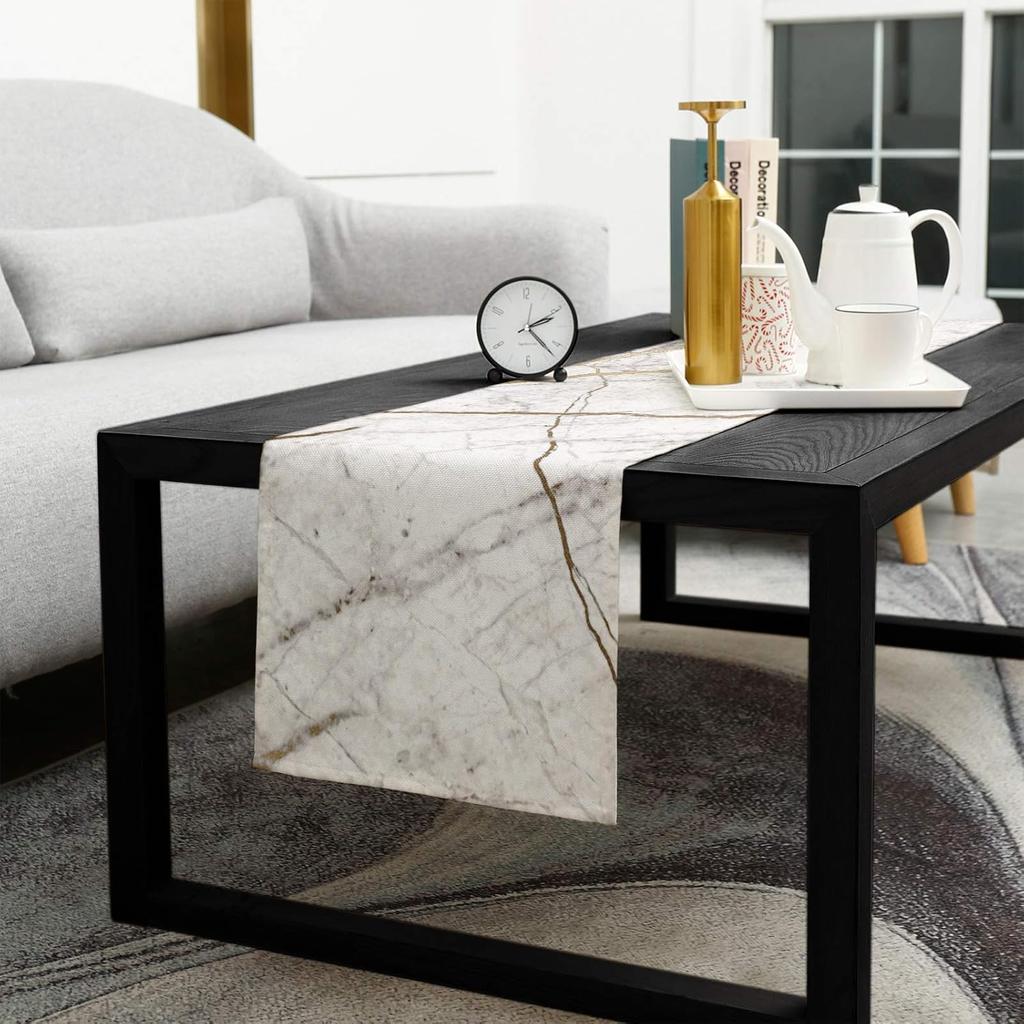 Marble Table Runner-Cotton linen-Long 72 inche White Gray Gold Dresser Scarves,Texture Tablerunner for Kitchen Coffee/Dining/Sofa/End Table Bedroom