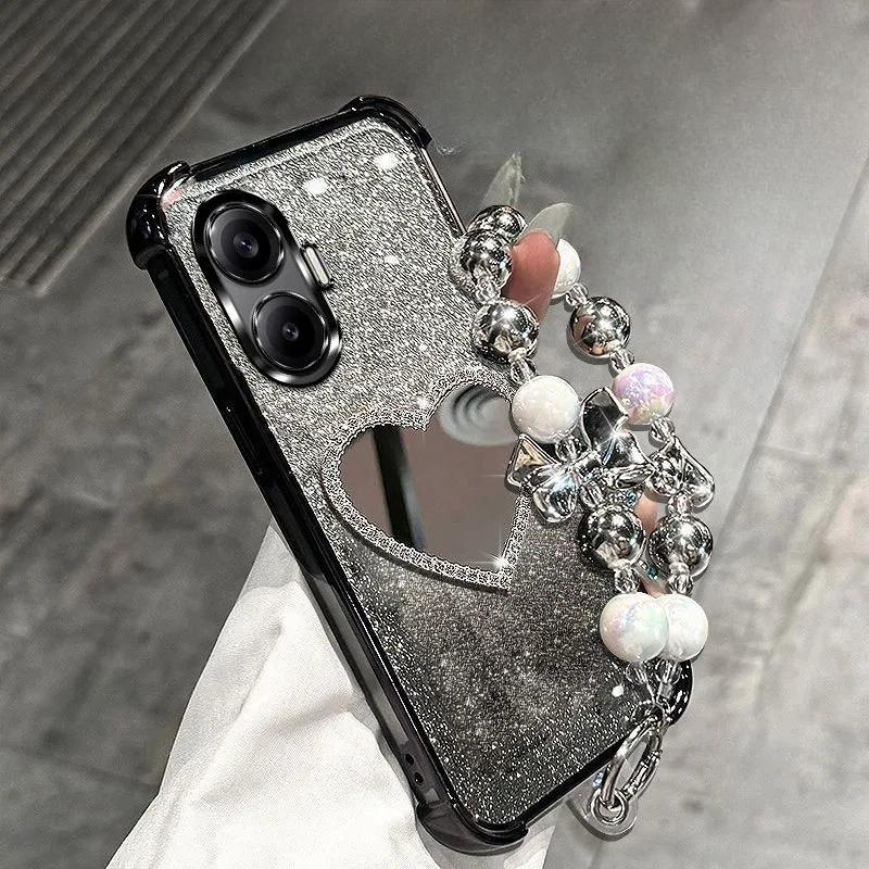 Glitter Shockproof Plating Flower Mirror Bracelet Case for Xiaomi POCO X7 X6 X5 X3 NFC Redmi Turbo 4 3 Pro A5 A3 Silicone Cover