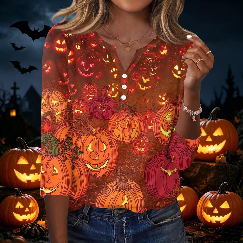 Women's Halloween Printed V Neck Button Front Three Quarter Sleeve Casual Top Lightweight Soft Fabric Comfortable Fit