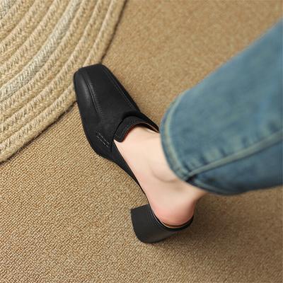 Fashion 2025 Summer Women Shoes Genuine Leather Shoes Women Simple Retro Women Slippers Chunky Heel Shoes Square Toe Slippers Mules