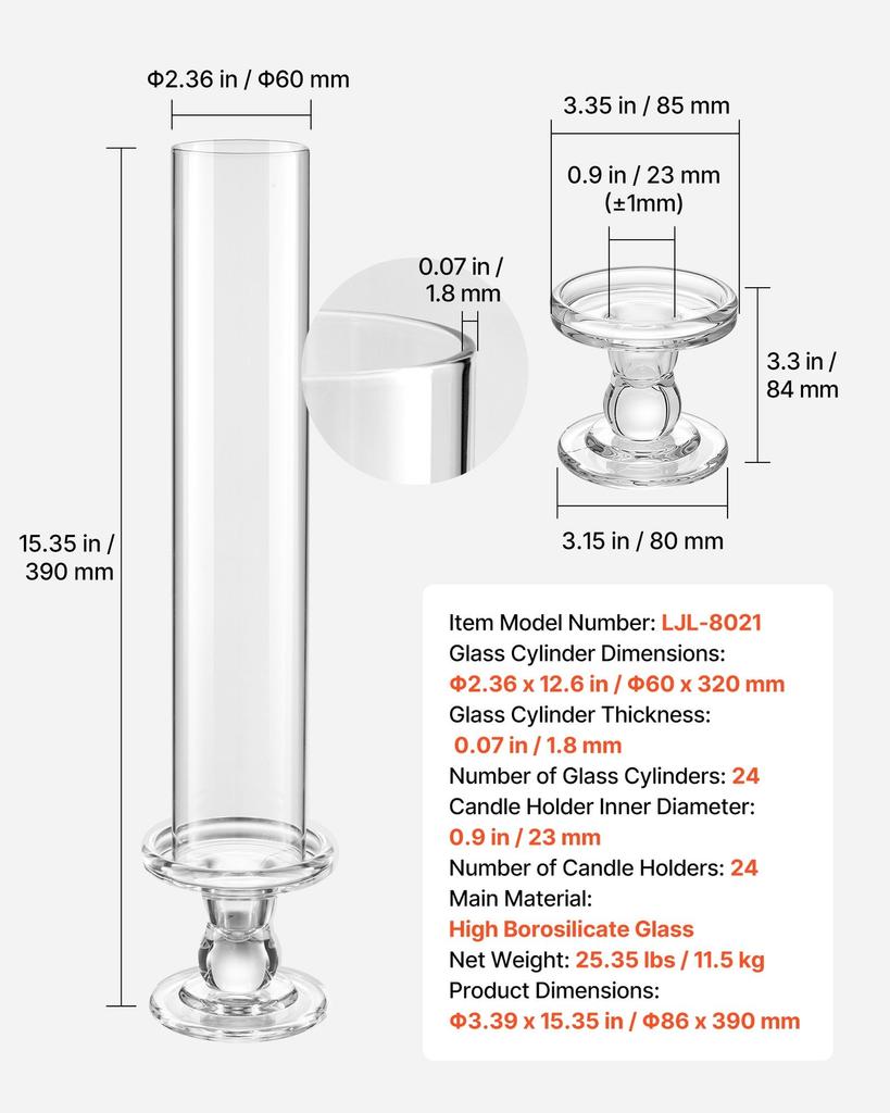 Hurricane Candle Holders Set of 24, 320 mm Tall Clear Glass Taper Candle Holders, High Borosilicate Glass, 2.36 in Cylinder for Wedding, Table
